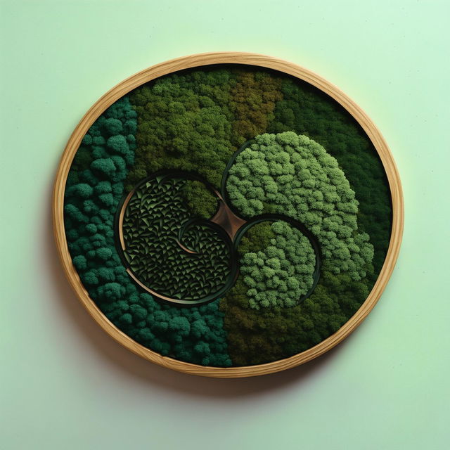 Vintage yin and yang moss wall art in a circular oak frame, 200mm size, rendered in 32k HD.