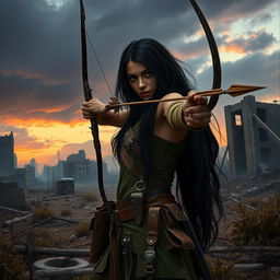 In an intense atmosphere, Seraphina, with long flowing black hair, stands ready in a desolate post-apocalyptic landscape
