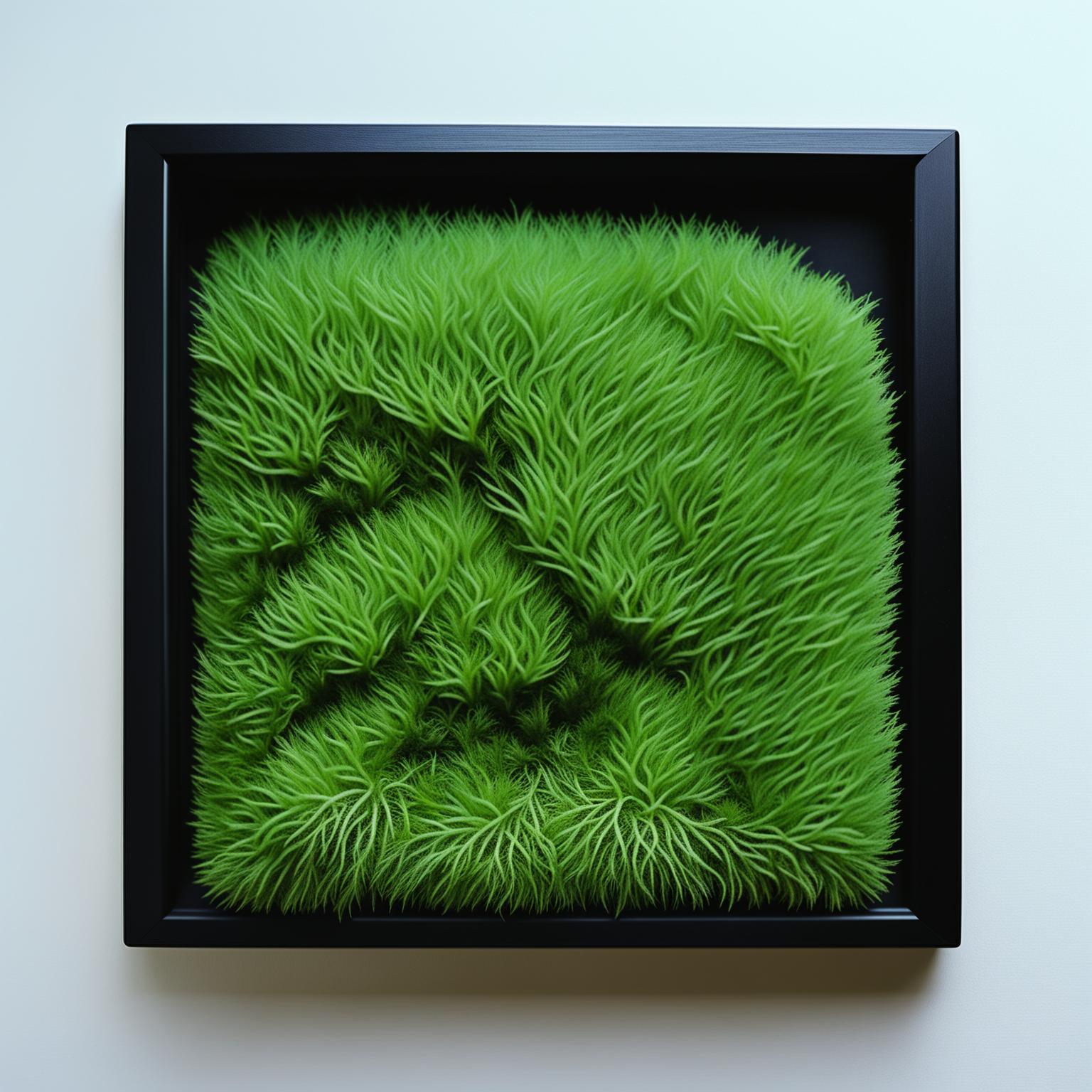 Vintage avant-garde moss wall art in a black frame, 200mm size, rendered in 32k HD.