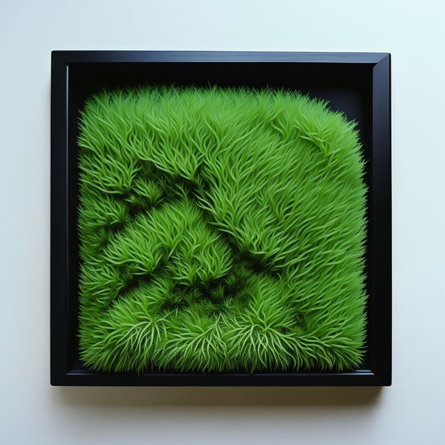 Vintage avant-garde moss wall art in a black frame, 200mm size, rendered in 32k HD.