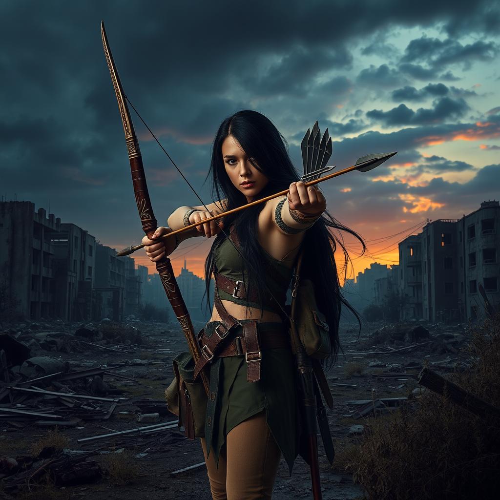 In an intense atmosphere, Seraphina, with long flowing black hair, stands ready in a desolate post-apocalyptic landscape