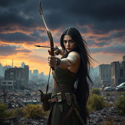In an intense atmosphere, Seraphina, with long flowing black hair, stands ready in a desolate post-apocalyptic landscape