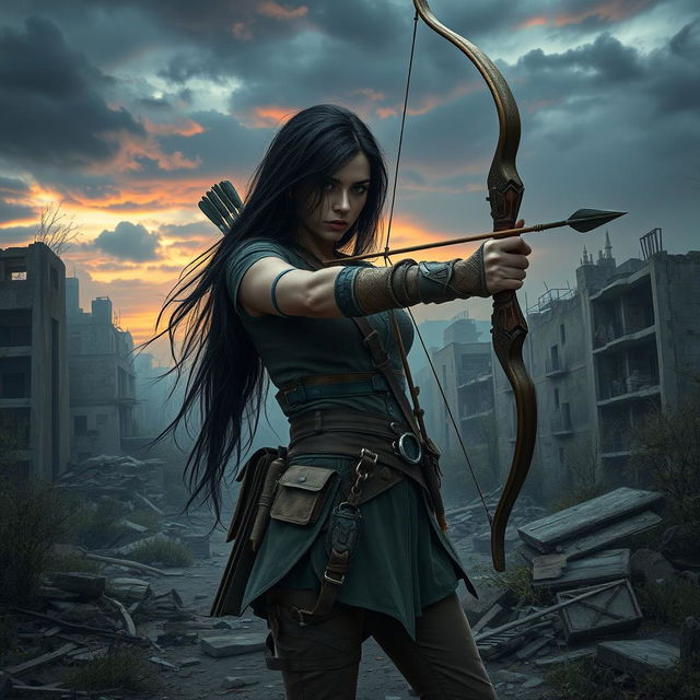 In an intense atmosphere, Seraphina, with long flowing black hair, stands ready in a desolate post-apocalyptic landscape