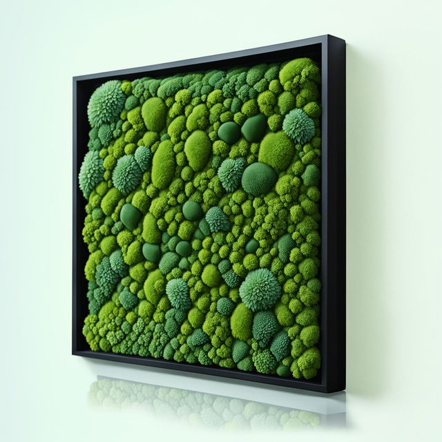 Product editorial shot of avant-garde moss wall art in a black frame, 200mm size, rendered in 32k HD.