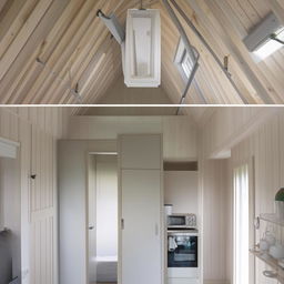 Interior of a 6x5 building, one side consists of a kitchen with dishwashing area and dish rack, the adjacent side is a bedroom divided by partition. Overhead lighting with white and gray paint all over.