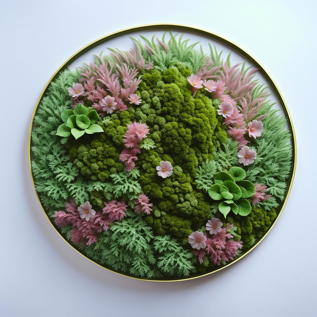 Product editorial shot of circular moss wall art with pink and white flowers, 200mm size, rendered in 32k HD.