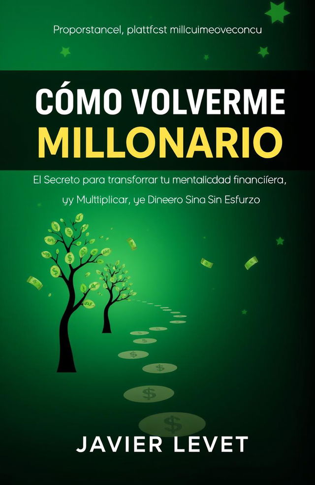 A modern and aspirational eBook cover design titled 'Cómo Volverme Millonario: El Secreto para Transformar tu Mentalidad Financiera y Multiplicar tu Dinero Sin Esfuerzo