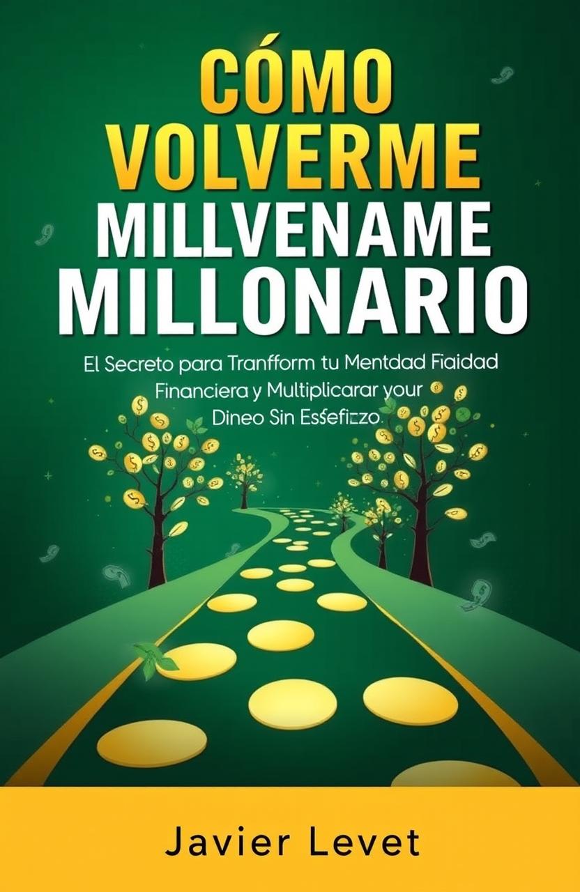 A modern and aspirational eBook cover design titled 'Cómo Volverme Millonario: El Secreto para Transformar tu Mentalidad Financiera y Multiplicar tu Dinero Sin Esfuerzo