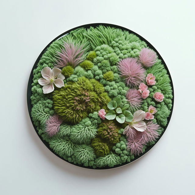 Product editorial shot of circular moss wall art with pink and white flowers, 200mm size, rendered in 32k HD.