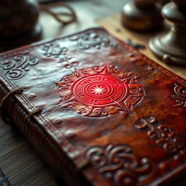 A close-up view of an ancient journal cover, showcasing a rich brown leather texture that's aged and weathered with intricate embossed designs