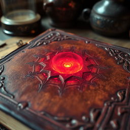 A close-up view of an ancient journal cover, showcasing a rich brown leather texture that's aged and weathered with intricate embossed designs