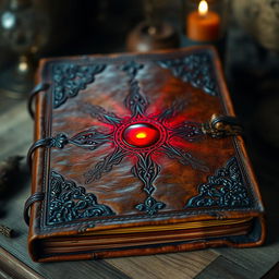 A close-up view of an ancient journal cover, showcasing a rich brown leather texture that's aged and weathered with intricate embossed designs
