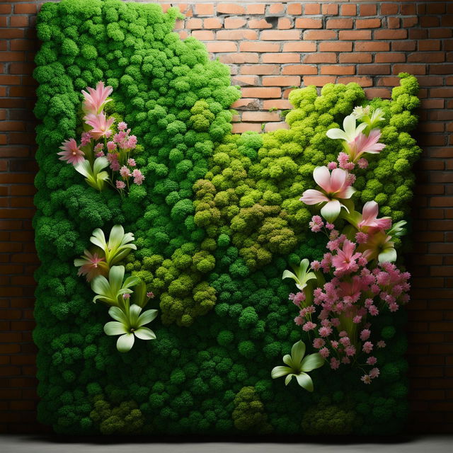 32k HD product editorial shot of moss wall art on a huge brick wall, adorned with pink and white flowers.