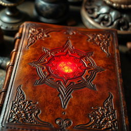 A close-up view of an ancient journal cover, showcasing a rich brown leather texture that's aged and weathered with intricate embossed designs