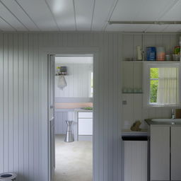 Interior of a 6x5 building, one side consists of a kitchen with dishwashing area and dish rack, the adjacent side is a bedroom divided by partition. Overhead lighting with white and gray paint all over.