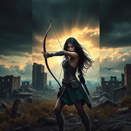 In a captivating book cover design, Seraphina, the protagonist with long flowing black hair, is depicted using her bow and arrow against a backdrop of a desolate post-apocalyptic landscape