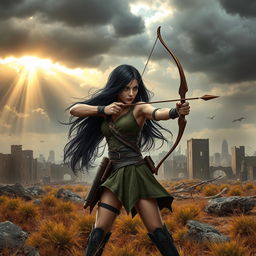 In a captivating book cover design, Seraphina, the protagonist with long flowing black hair, is depicted using her bow and arrow against a backdrop of a desolate post-apocalyptic landscape