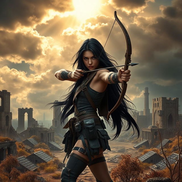 In a captivating book cover design, Seraphina, the protagonist with long flowing black hair, is depicted using her bow and arrow against a backdrop of a desolate post-apocalyptic landscape