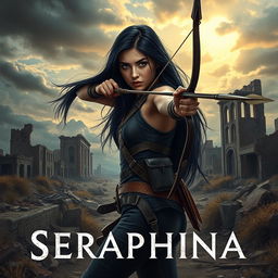 In a captivating book cover design, Seraphina, the protagonist with long flowing black hair, is depicted using her bow and arrow against a backdrop of a desolate post-apocalyptic landscape