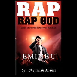 A visually stunning book cover design featuring the title "Rap God" in big, bold, and pointy font centered at the top