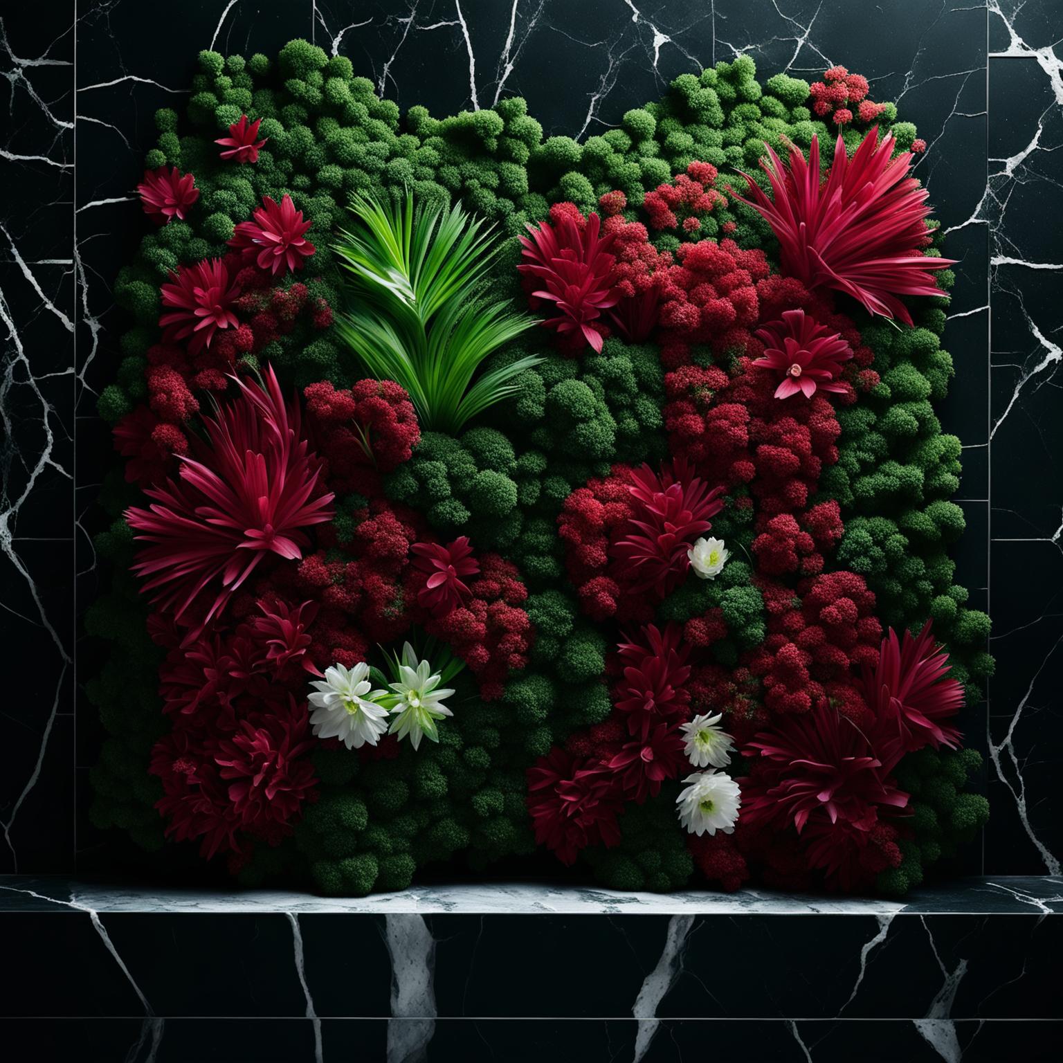 32k HD image of moss wall art on a huge black marble wall, adorned with red and white flowers, measuring 200mm.