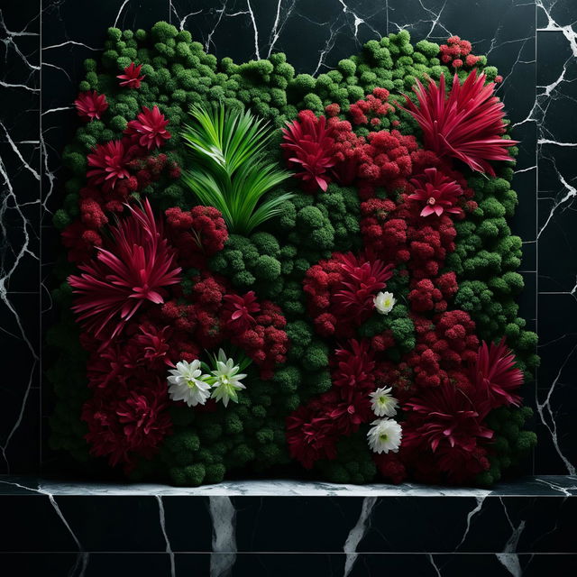 32k HD image of moss wall art on a huge black marble wall, adorned with red and white flowers, measuring 200mm.