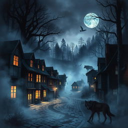 A striking book cover illustrating a small town enveloped in a mysterious atmosphere accentuated by the presence of werewolves