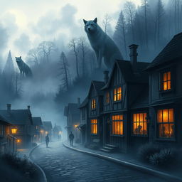 A striking book cover illustrating a small town enveloped in a mysterious atmosphere accentuated by the presence of werewolves