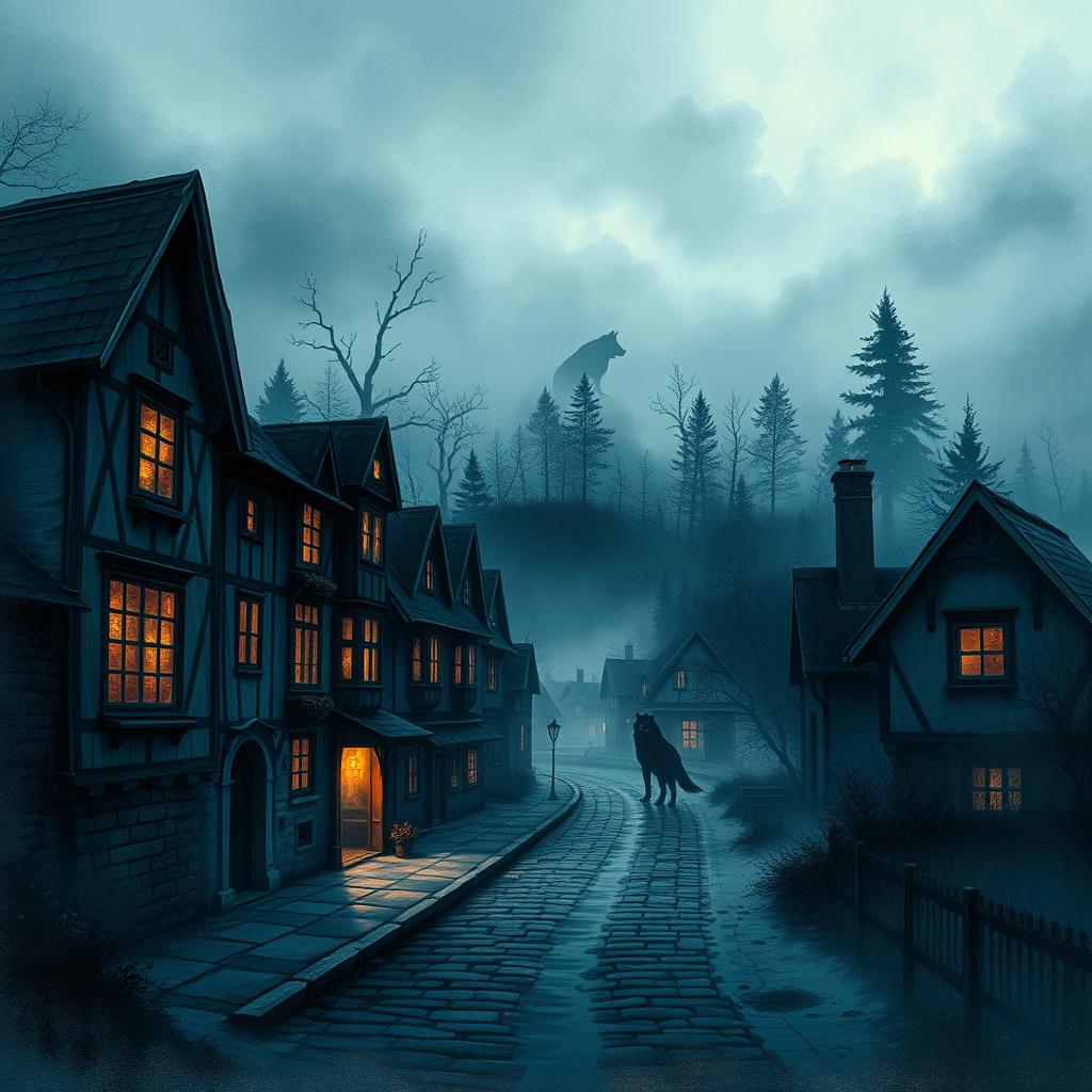 A striking book cover illustrating a small town enveloped in a mysterious atmosphere accentuated by the presence of werewolves