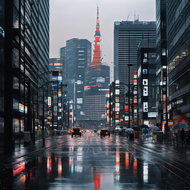 A 200mm photograph of Tokyo under a serene rainfall, with muted colors and glossy reflections on the cityscape.