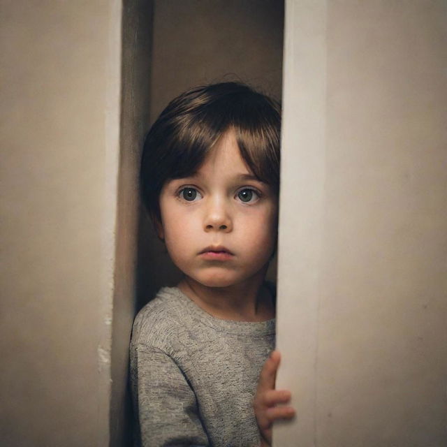 A mysterious little boy inside a house, peeking around the corner with an air of intrigue and mystery.