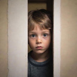 A mysterious little boy inside a house, peeking around the corner with an air of intrigue and mystery.