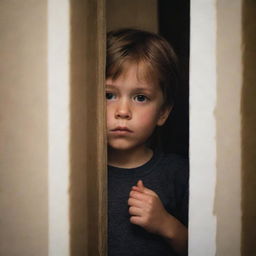 A mysterious little boy inside a house, peeking around the corner with an air of intrigue and mystery.