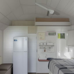 Interior of a 6x5 building, one side consists of a kitchen with dishwashing area and dish rack, the adjacent side is a bedroom divided by partition. Overhead lighting with white and gray paint all over.