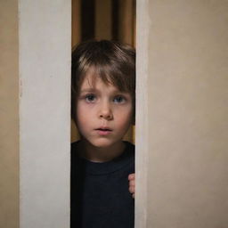 A mysterious little boy inside a house, peeking around the corner with an air of intrigue and mystery.