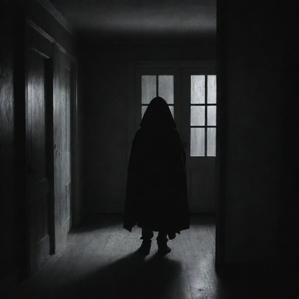 A spooky mysterious boy inside a house, cloaked in shadows, creating an eerie atmosphere around him.