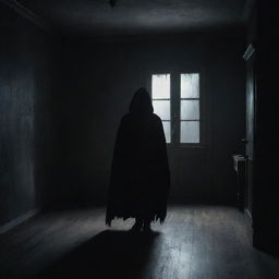 A spooky mysterious boy inside a house, cloaked in shadows, creating an eerie atmosphere around him.