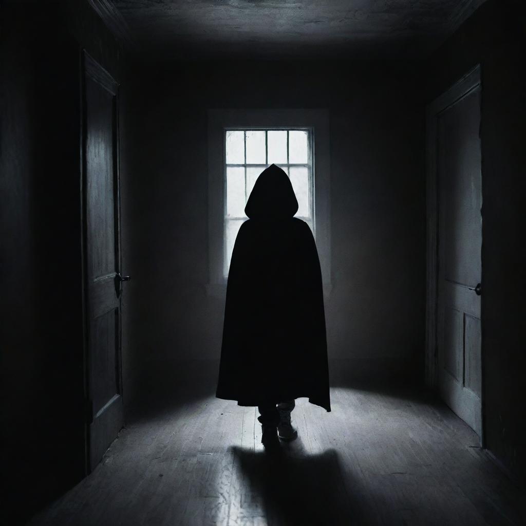 A spooky mysterious boy inside a house, cloaked in shadows, creating an eerie atmosphere around him.