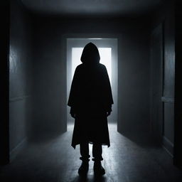 A spooky mysterious boy inside a house, cloaked in shadows, creating an eerie atmosphere around him.