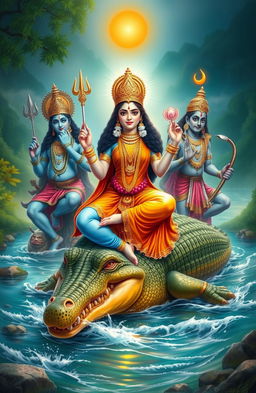 A serene depiction of Goddess Ganga, the river goddess in Hindu mythology, gracefully sitting on a majestic crocodile, embodying tranquility and strength
