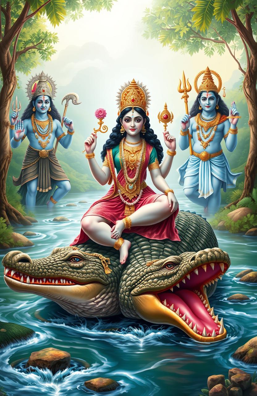 A serene depiction of Goddess Ganga, the river goddess in Hindu mythology, gracefully sitting on a majestic crocodile, embodying tranquility and strength