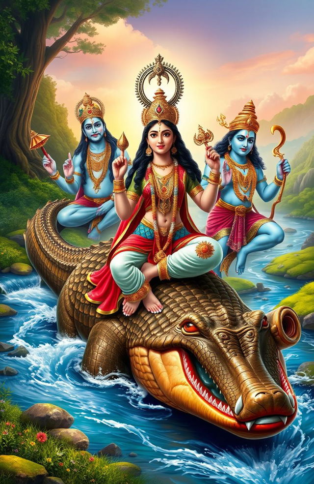 A serene depiction of Goddess Ganga, the river goddess in Hindu mythology, gracefully sitting on a majestic crocodile, embodying tranquility and strength