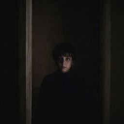 A frightful mysterious boy inside a house, hiding in the shadows, conveying a chilling aura.