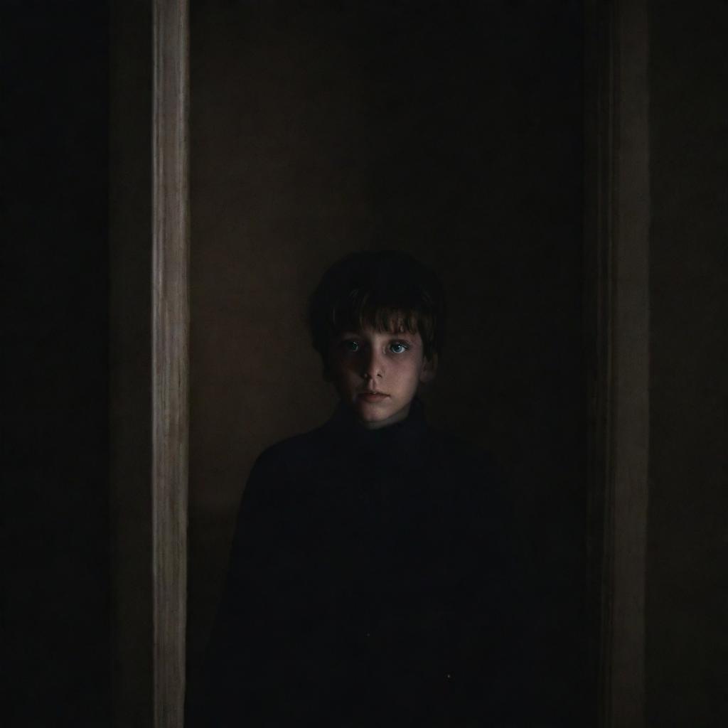 A frightful mysterious boy inside a house, hiding in the shadows, conveying a chilling aura.