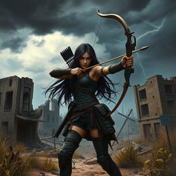 In a dynamic scene set in a post-apocalyptic world, Seraphina, a strong and fierce warrior with long flowing black hair, navigates through a landscape marked by desolation and decay