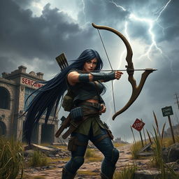In a dynamic scene set in a post-apocalyptic world, Seraphina, a strong and fierce warrior with long flowing black hair, navigates through a landscape marked by desolation and decay