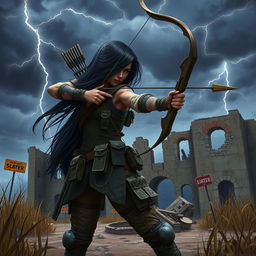 In a dynamic scene set in a post-apocalyptic world, Seraphina, a strong and fierce warrior with long flowing black hair, navigates through a landscape marked by desolation and decay