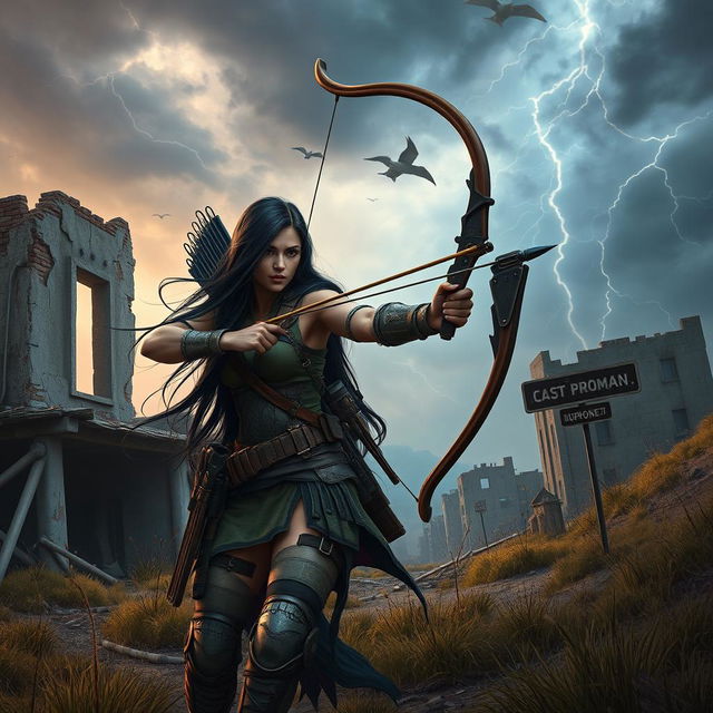 In a dynamic scene set in a post-apocalyptic world, Seraphina, a strong and fierce warrior with long flowing black hair, navigates through a landscape marked by desolation and decay