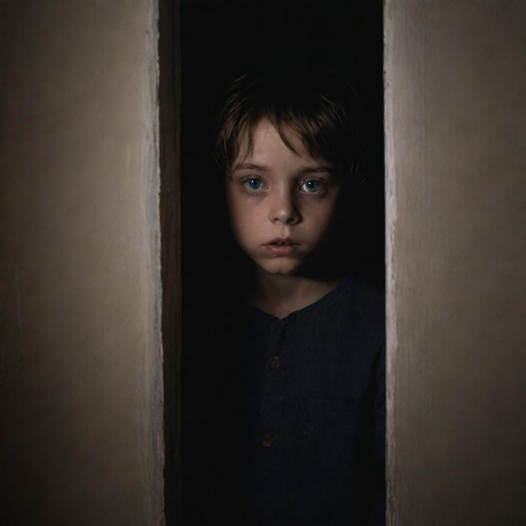 A frightful mysterious boy inside a house, hiding in the shadows, conveying a chilling aura.