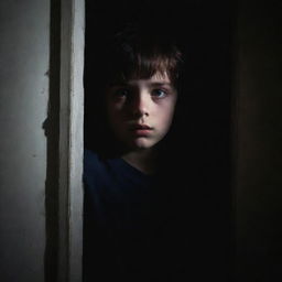 A frightful mysterious boy inside a house, hiding in the shadows, conveying a chilling aura.